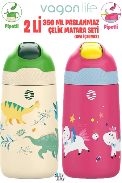Vagonlife 2'Lİ SET 350 ML Çocuk Pipetli Çelik Matara Paslanmaz Çelik Termos 5 Farklı Renk 2055-350ML - 9