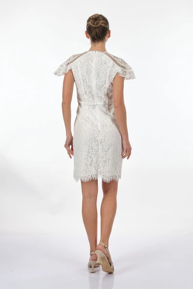 Ekol Dantelli Midi Elbise - Kısa Kol, Yuvarlak Yaka, Minimalist - Resim 7