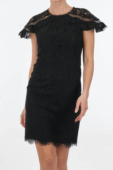 Ekol Dantelli Midi Elbise - Kısa Kol, Yuvarlak Yaka, Minimalist - Resim 10