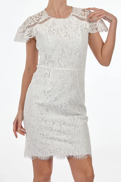 Ekol Dantelli Midi Elbise - Kısa Kol, Yuvarlak Yaka, Minimalist - Resim 6