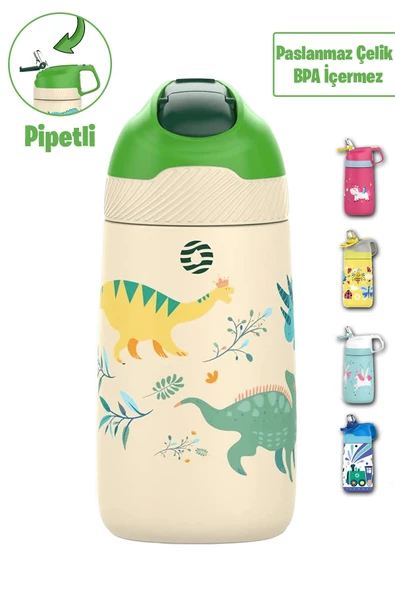 Vagonlife 2'Lİ SET 350 ML Çocuk Pipetli Çelik Matara Paslanmaz Çelik Termos 5 Farklı Renk 2055-350ML - 3