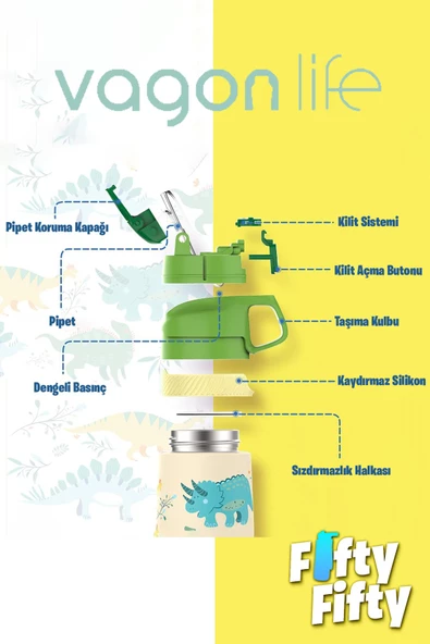 Vagonlife 2'Lİ SET 350 ML Çocuk Pipetli Çelik Matara Paslanmaz Çelik Termos 5 Farklı Renk 2055-350ML - 5