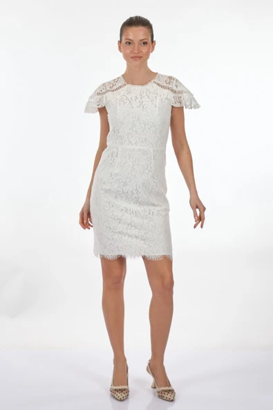 Ekol Dantelli Midi Elbise - Kısa Kol, Yuvarlak Yaka, Minimalist ürün görseli 1