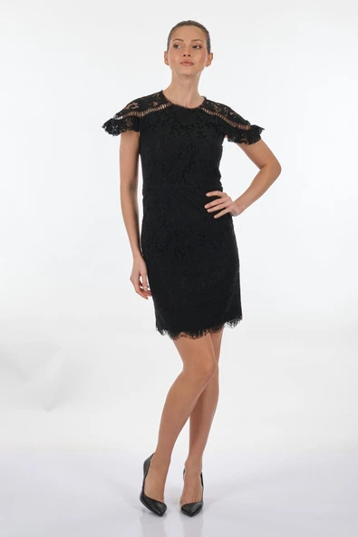 Ekol Dantelli Midi Elbise - Kısa Kol, Yuvarlak Yaka, Minimalist - Resim 8