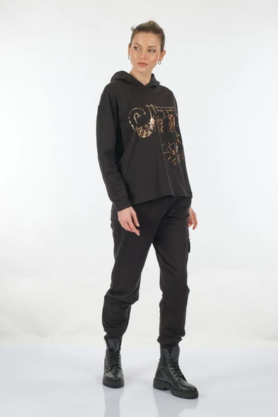 Ysatis Oversize Kapüşonlu Sweatshirt Takım - Leopar Desenli - Günlük - 4