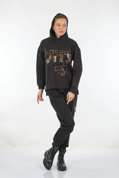 Ysatis Oversize Kapüşonlu Sweatshirt Takım - Leopar Desenli - Günlük - 5