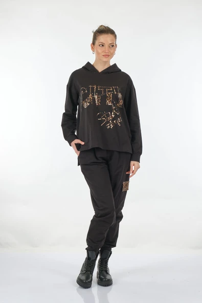 Ysatis Oversize Kapüşonlu Sweatshirt Takım - Leopar Desenli - Günlük