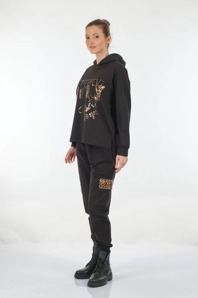 Ysatis Oversize Kapüşonlu Sweatshirt Takım - Leopar Desenli - Günlük - 3