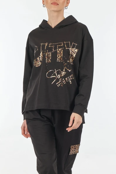 Ysatis Oversize Kapüşonlu Sweatshirt Takım - Leopar Desenli - Günlük - 2