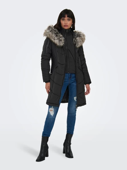 Only Kapüşonlu Asimetrik Fermuarlı Midi Kaban - Kışlık - 10