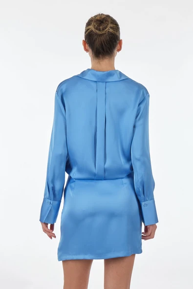 BSB Minimalist Uzun Kol Gömlek Yaka Mini Saten Elbise - Günlük & Parti - 6