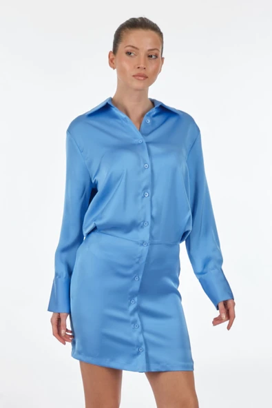 BSB Minimalist Uzun Kol Gömlek Yaka Mini Saten Elbise - Günlük & Parti - 5