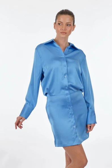 BSB Minimalist Uzun Kol Gömlek Yaka Mini Saten Elbise - Günlük & Parti - 3