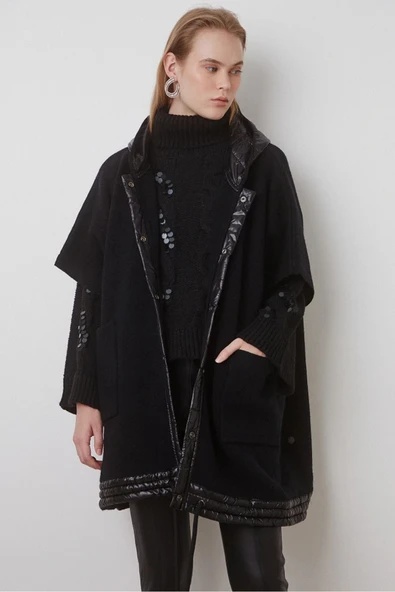 BSB Oversize Kapüşonlu Midi Kadın Mont - Minimalist Tasarım - 6