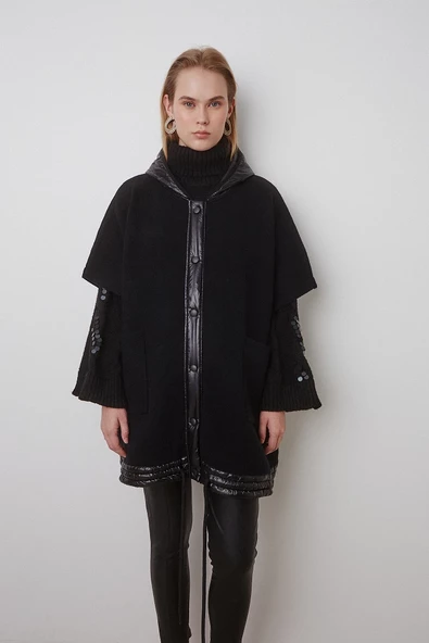 BSB Oversize Kapüşonlu Midi Kadın Mont - Minimalist Tasarım - 4