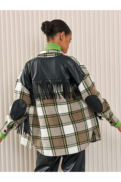 Unique Mode Oversize Kareli Fırçalı Keten Gömlek - Püskül Detay - 2