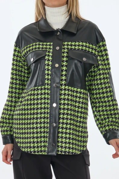 Unique Mode Oversize Gömlek Yaka Kazayağı Desenli Kadın Ceket - Trend - 2