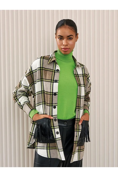 Unique Mode Oversize Kareli Fırçalı Keten Gömlek - Püskül Detay