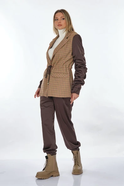 Unique Mode Oversize Crop Ekose Kadın Ceket - Büzgülü Kol - 4