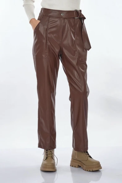 Unique Mode Kadın Deri Look Midi Pantolon - Yüksek Bel Kemerli - 4