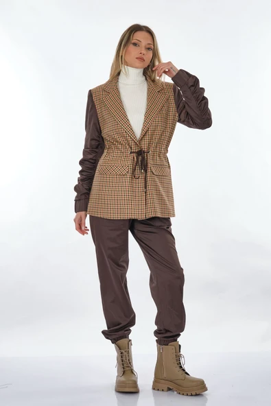 Unique Mode Oversize Crop Ekose Kadın Ceket - Büzgülü Kol - 5