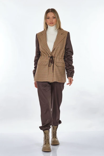 Unique Mode Oversize Crop Ekose Kadın Ceket - Büzgülü Kol - 3