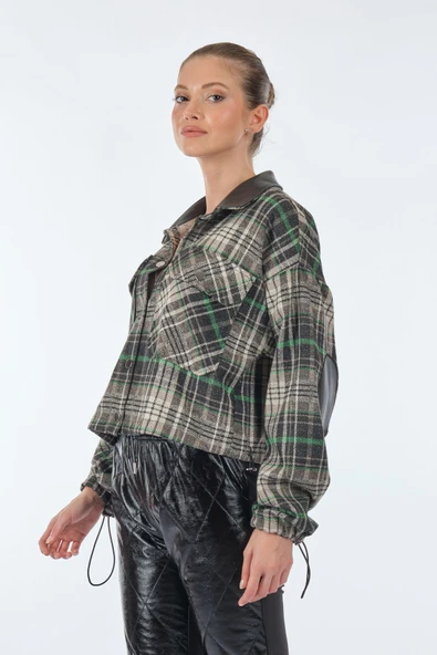 Unique Mode Oversize Crop Ekose Gömlek - Deri Detaylı - Minimalist - 3