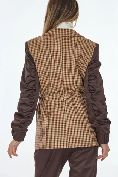 Unique Mode Oversize Crop Ekose Kadın Ceket - Büzgülü Kol - 6