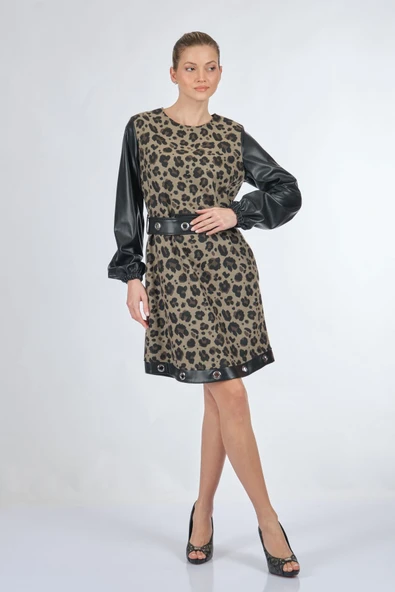 Unique Mode Leopar Desenli Midi Elbise - Deri Detaylı Uzun Kol - Resim 2