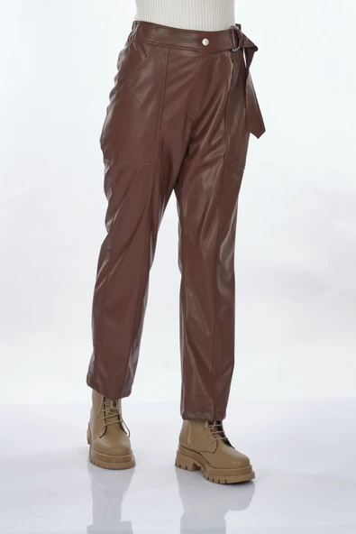 Unique Mode Kadın Deri Look Midi Pantolon - Yüksek Bel Kemerli - 6