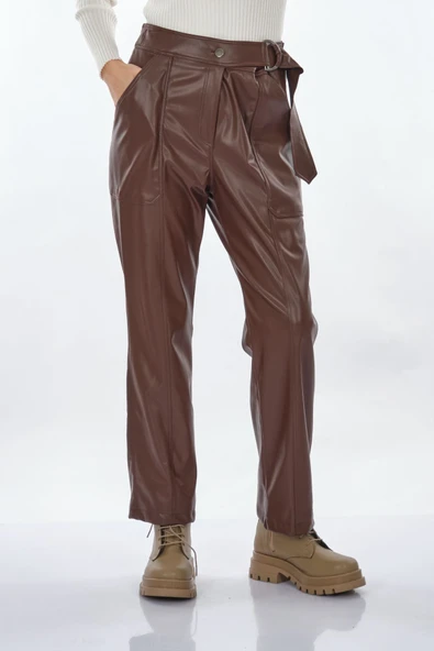 Unique Mode Kadın Deri Look Midi Pantolon - Yüksek Bel Kemerli - 2