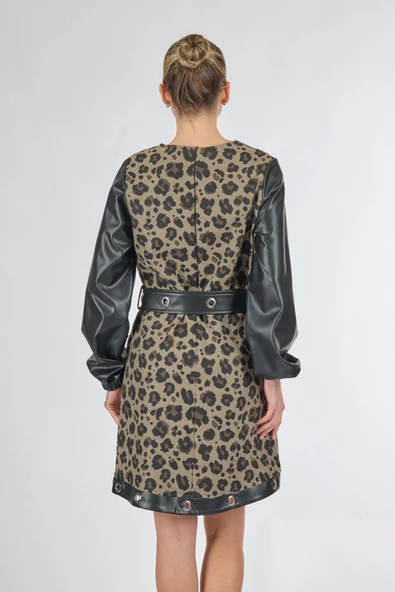 Unique Mode Leopar Desenli Midi Elbise - Deri Detaylı Uzun Kol - Resim 5