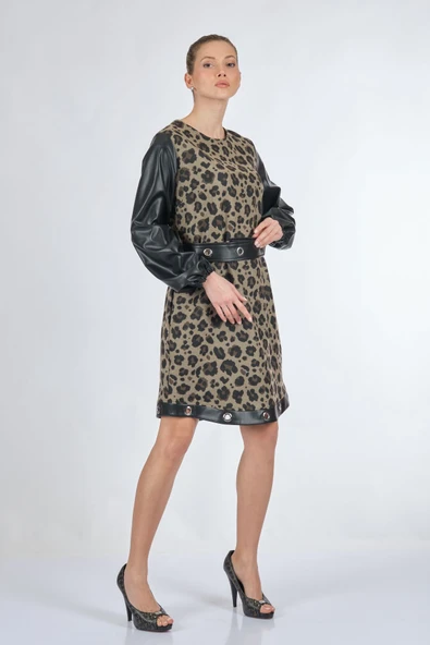 Unique Mode Leopar Desenli Midi Elbise - Deri Detaylı Uzun Kol - Resim 4