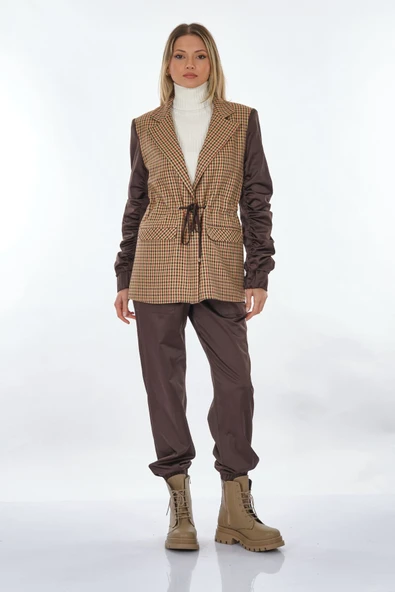 Unique Mode Oversize Crop Ekose Kadın Ceket - Büzgülü Kol