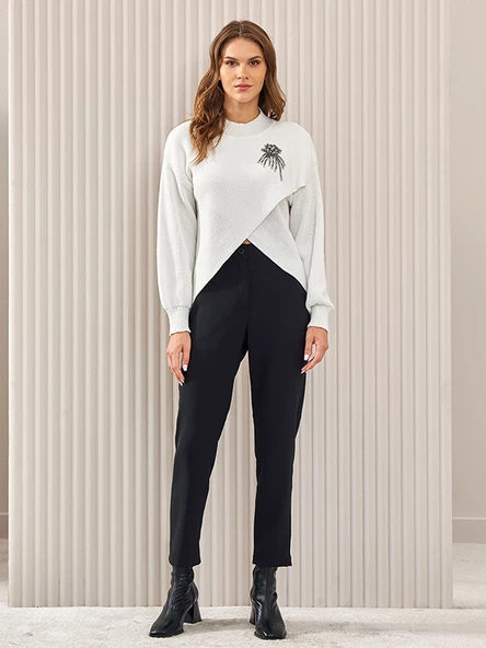 Unique Mode Minimalist Taş Detaylı Crop Kazak - 3