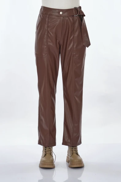 Unique Mode Kadın Deri Look Midi Pantolon - Yüksek Bel Kemerli - 3