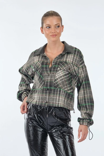 Unique Mode Oversize Crop Ekose Gömlek - Deri Detaylı - Minimalist - 2