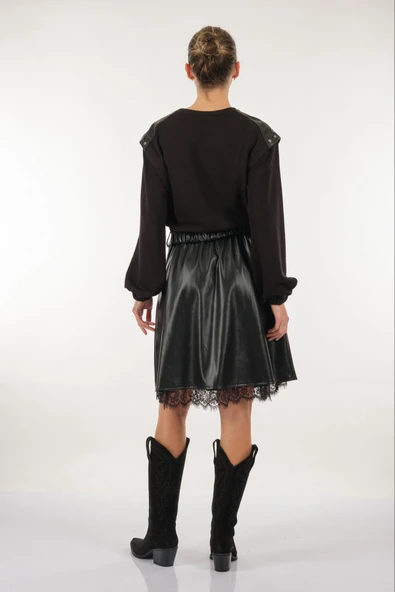 Unique Mode Oversize Midi Günlük Deri Elbise - Dantel Detay - 6