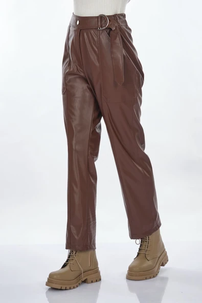 Unique Mode Kadın Deri Look Midi Pantolon - Yüksek Bel Kemerli - 5