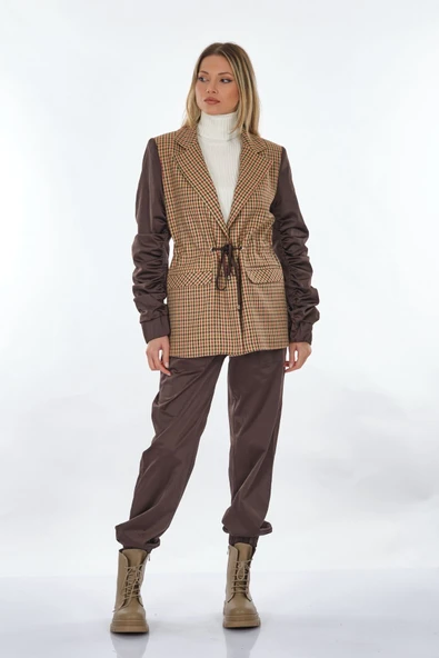 Unique Mode Oversize Crop Ekose Kadın Ceket - Büzgülü Kol - 2