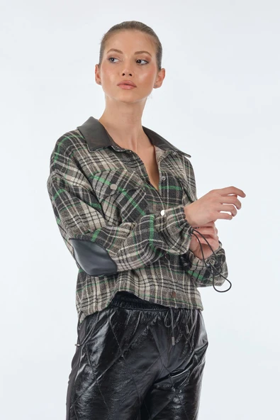 Unique Mode Oversize Crop Ekose Gömlek - Deri Detaylı - Minimalist - 4