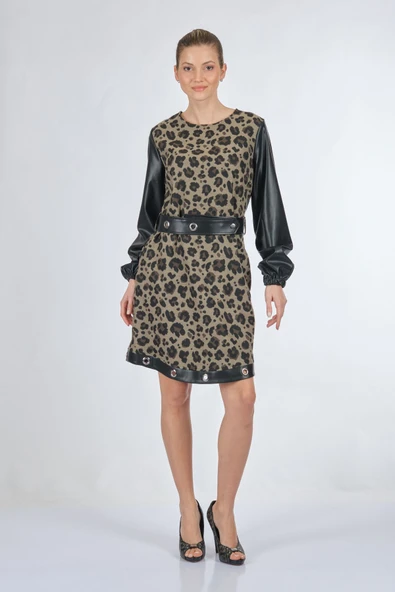 Unique Mode Leopar Desenli Midi Elbise - Deri Detaylı Uzun Kol ürün görseli 1