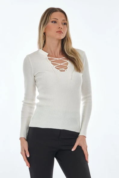 Unique Mode Bağcıklı Detaylı Uzun Kol Kadın Kazak - Minimalist Tarz - 12