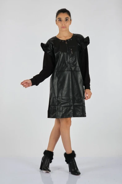 Unique Mode Minimalist Uzun Kol Midi Deri Elbise - Günlük Şıklık - Resim 3