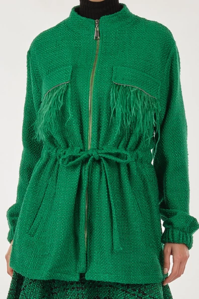 Unique Mode Oversize Tüy Detaylı Midi Kadın Ceket - Vintage Stil - 3