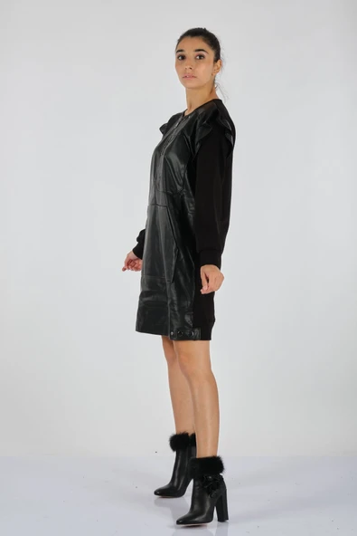 Unique Mode Minimalist Uzun Kol Midi Deri Elbise - Günlük Şıklık - Resim 2