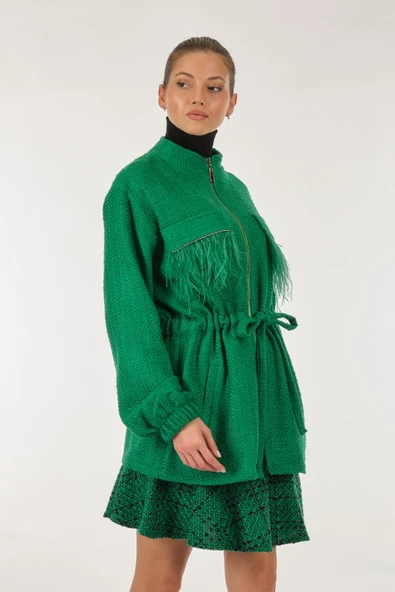 Unique Mode Oversize Tüy Detaylı Midi Kadın Ceket - Vintage Stil - 5