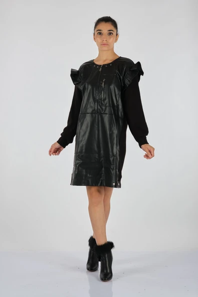 Unique Mode Minimalist Uzun Kol Midi Deri Elbise - Günlük Şıklık ürün görseli 1