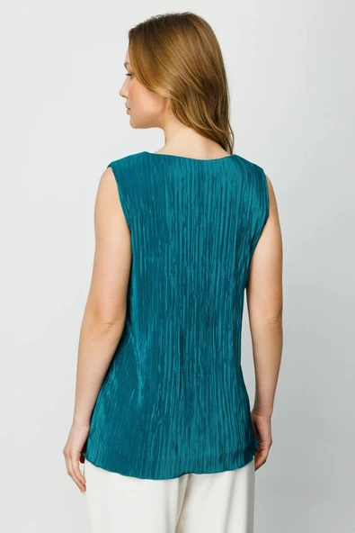 Ekol V Yaka Kolsuz Pileli Minimalist Kadın Bluz - Günlük Şıklık - 4