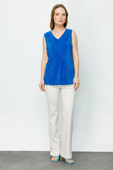 Ekol V Yaka Kolsuz Pileli Minimalist Kadın Bluz - Günlük Şıklık - 7